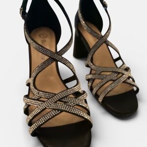 Bella Vita Black Strappy Heels with Rhinestone Detail